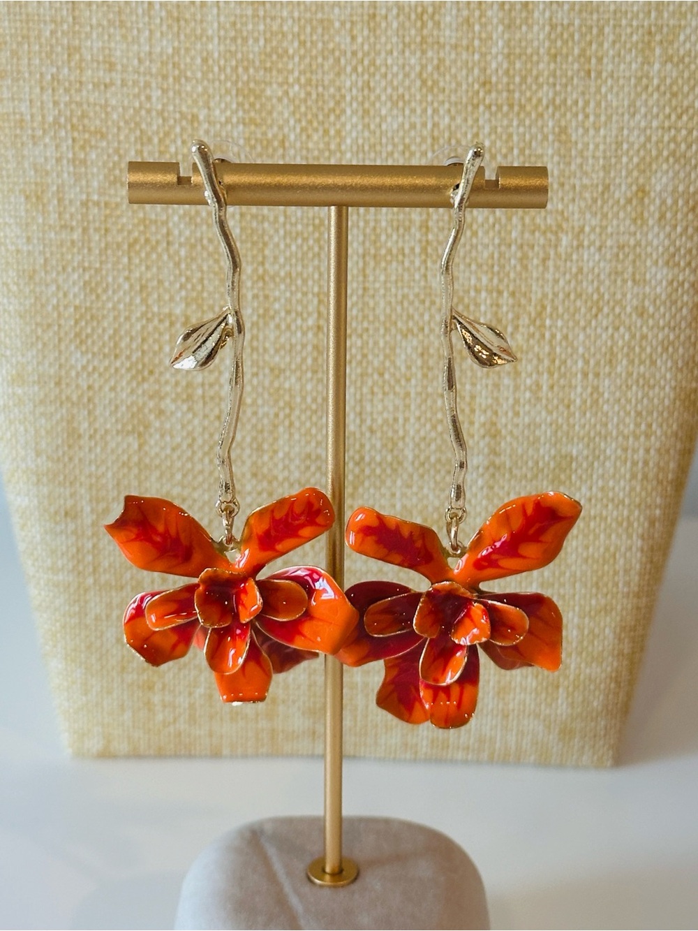 Fashion Jewelry Orange Floral Drop Earrings - Gold Accents